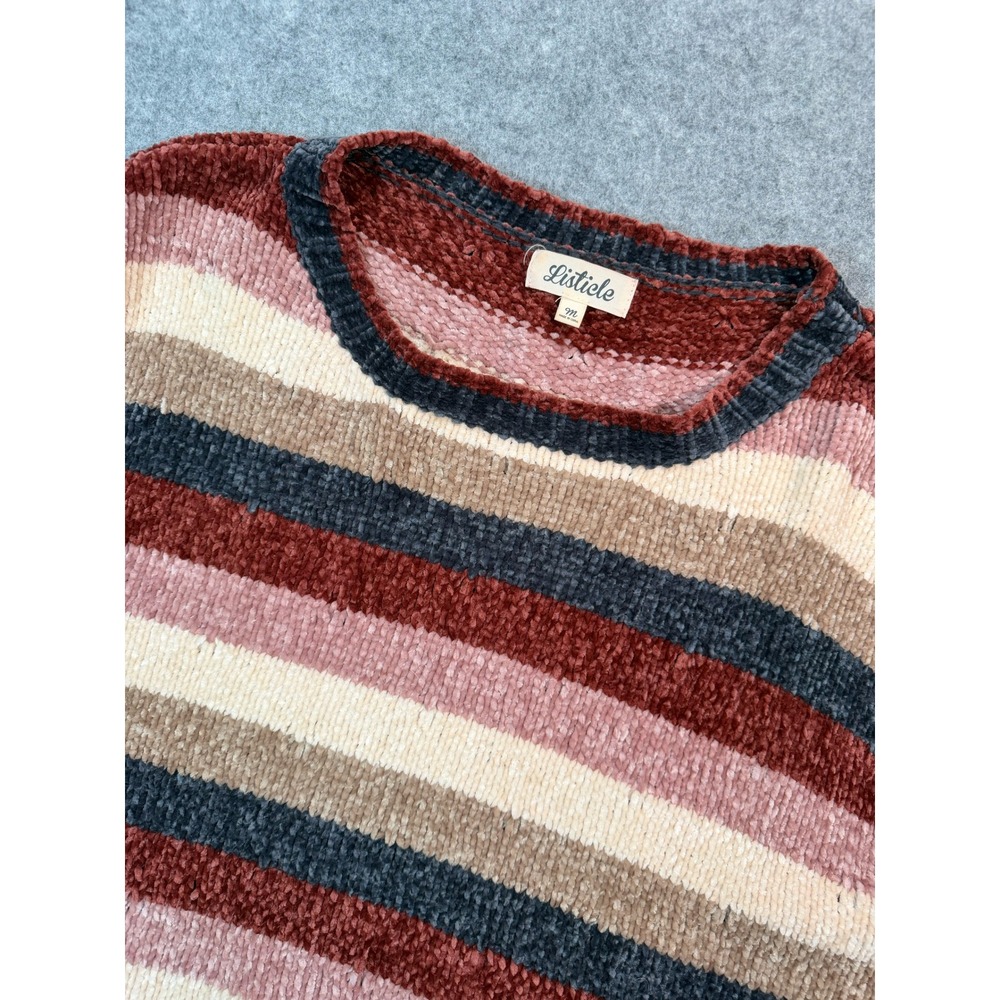 Listicle Womens Chenille Striped Scalloped‎ Hem Sweater Rust Pink Cream Medium